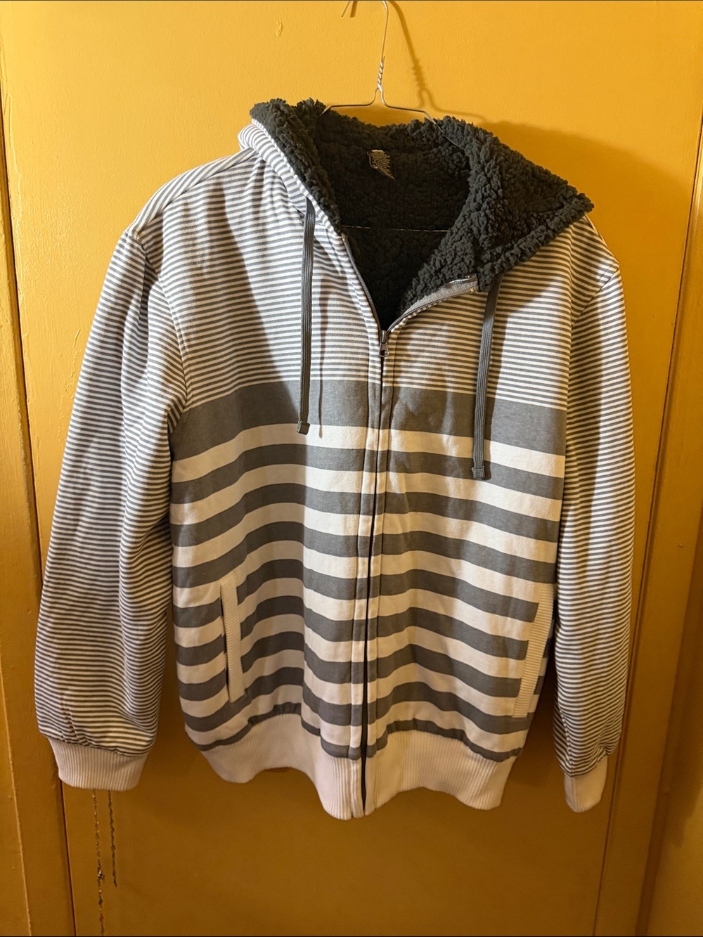 OP Men's Gray and White Striped Zip-Up Hooded Sweater with Black Sherpa Lining